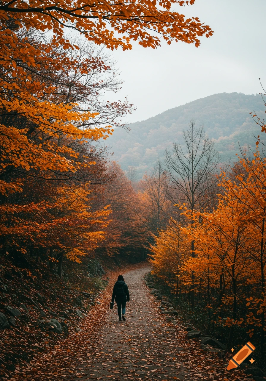 Person walks on a leaf-covered trail through an autumn forest with orange leaves on the trees.