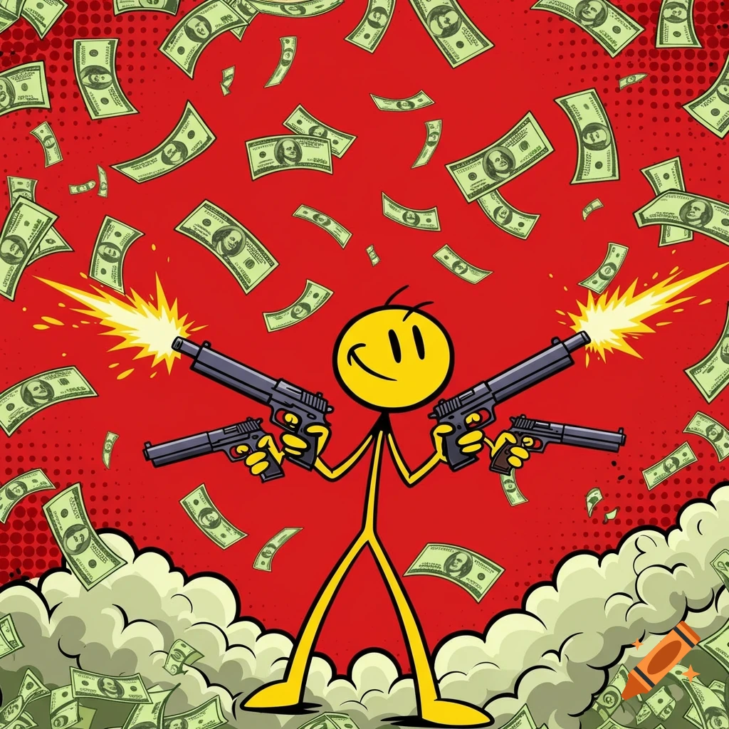 A yellow stick figure holds four guns and shoots while dollar bills rain down in a comic book style.