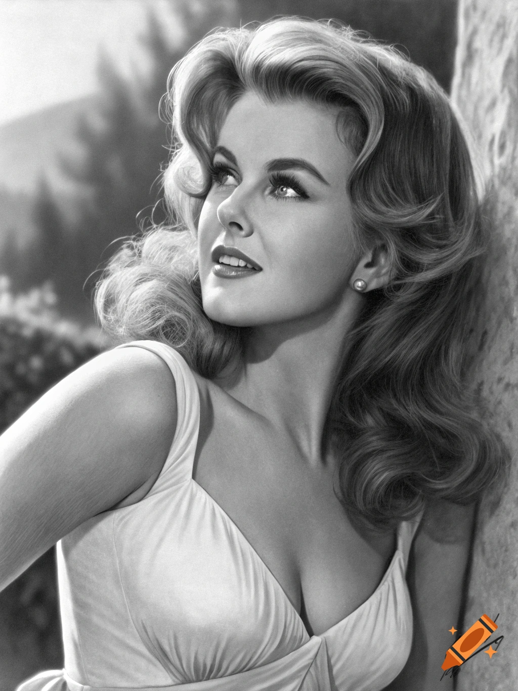 Black and white painting of Ann-Margret with a sultry expression looking up
