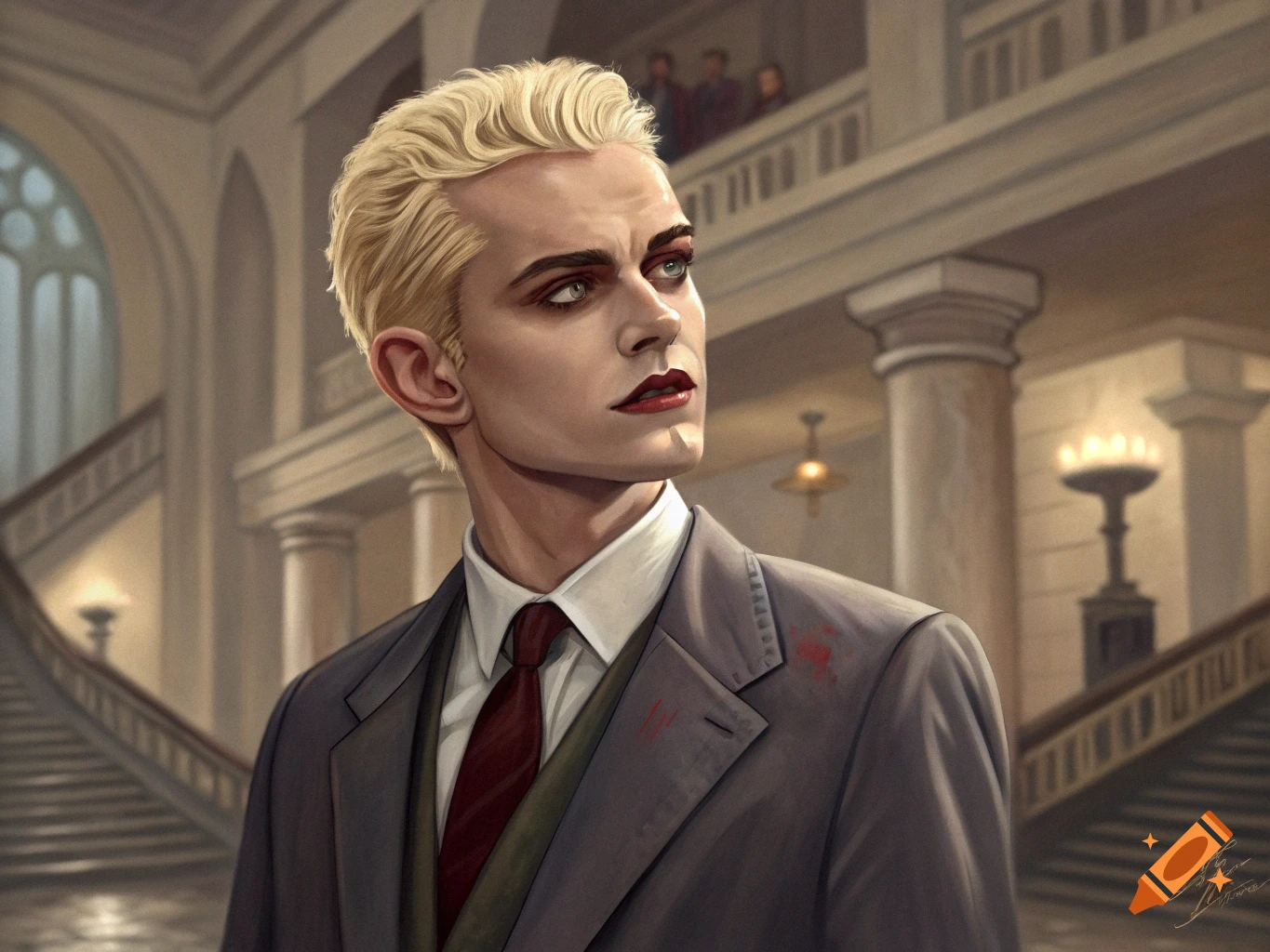 Digital painting of a person resembling Spike from Buffy in a suit in a formal building interior.