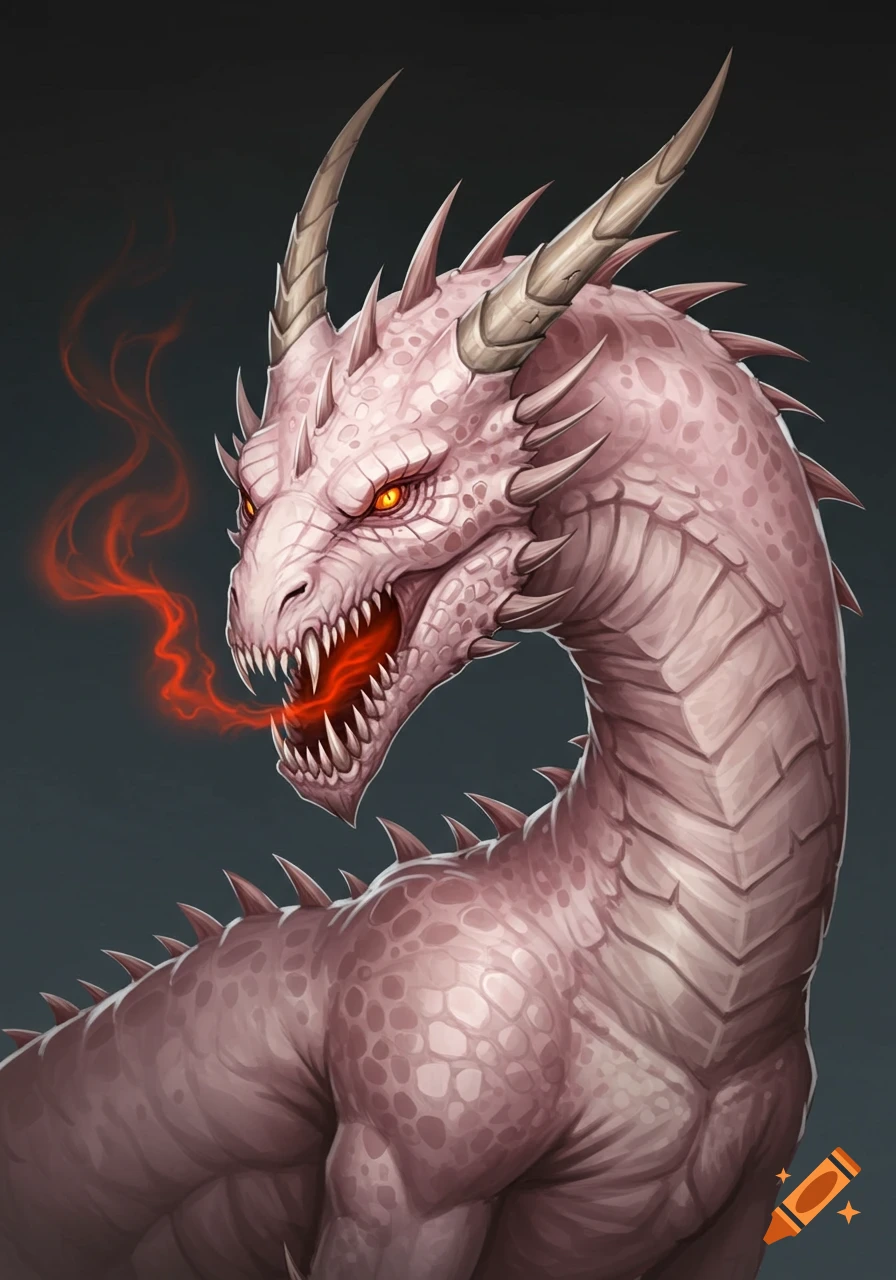 Detailed illustration of a pale dragon breathing red gas