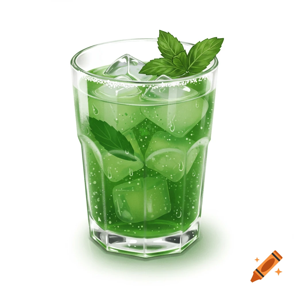 A glass of green drink with ice cubes and mint leaves.