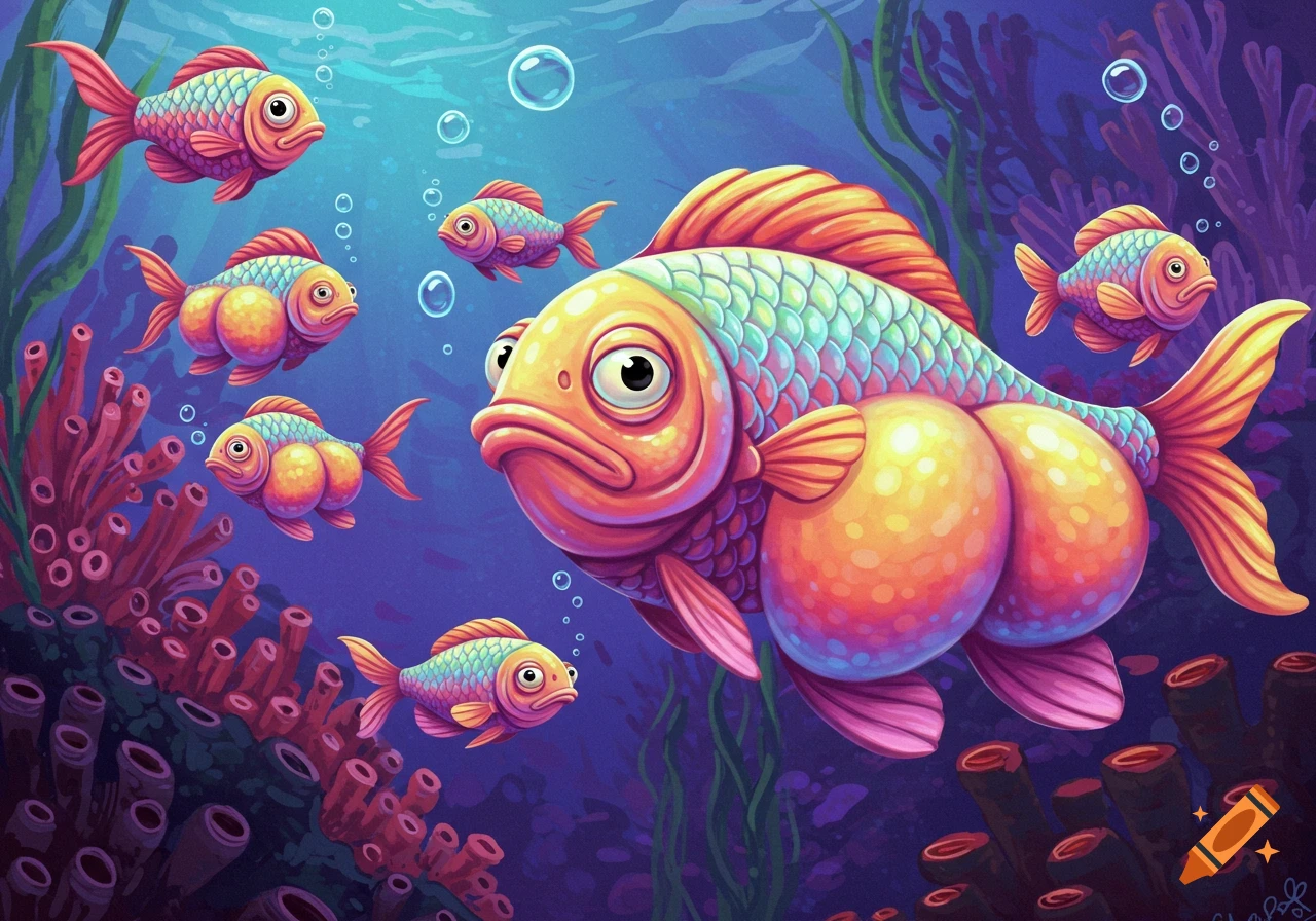 A large cartoon fish with a butt-shaped body swims underwater with smaller fish near coral.