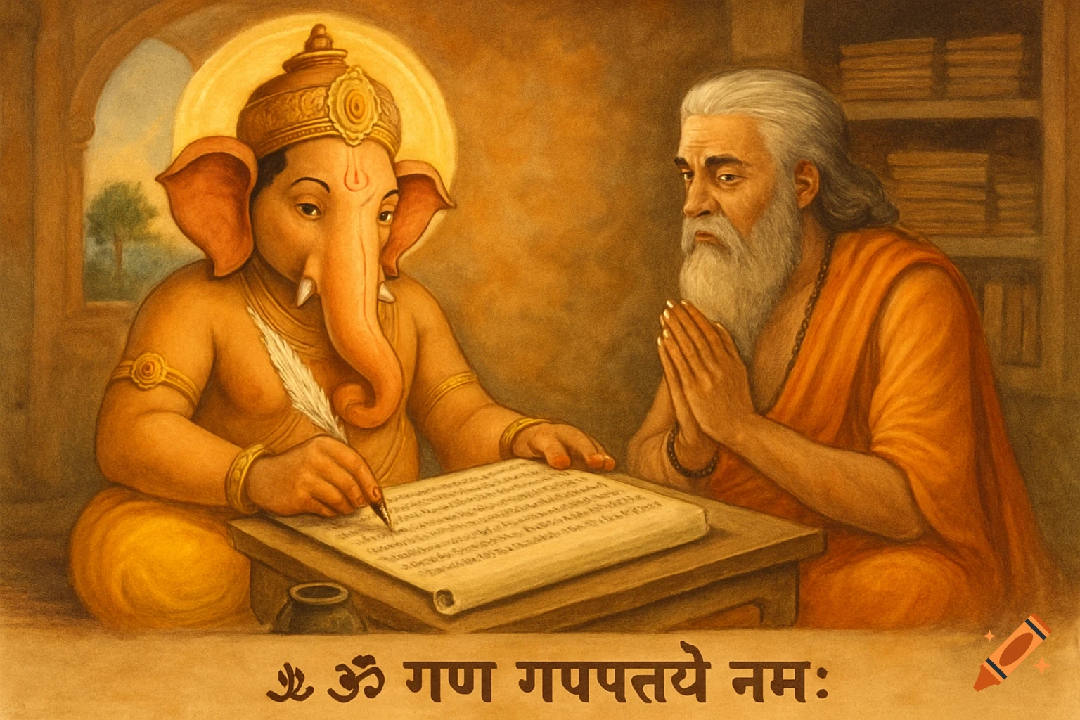 Painting of Ganesha writing with a feather pen as Ved Vyasa looks on, with text below. Hindu mythology art.