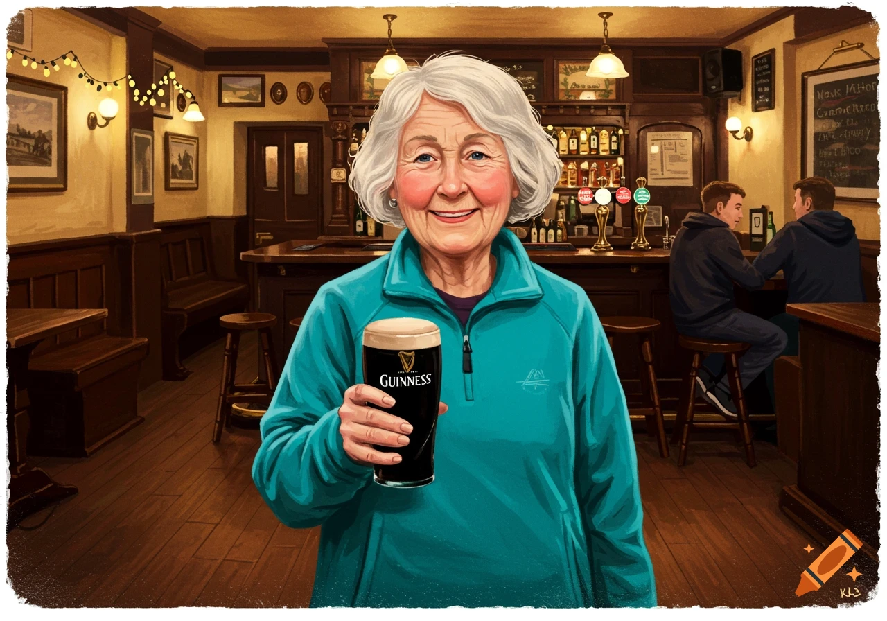 Illustration of an older woman in a teal jacket holding a pint of Guinness in a pub.