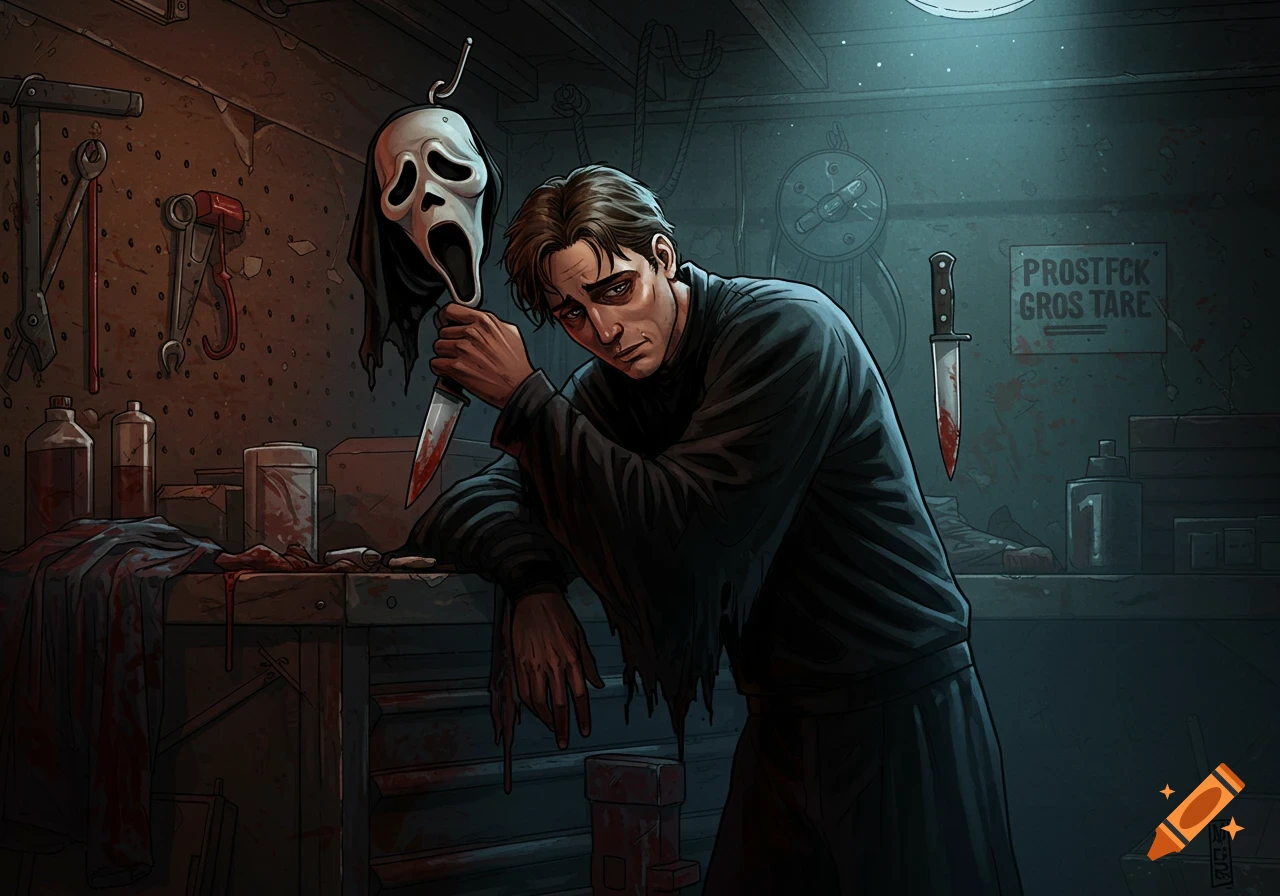 Illustrated man in a dark workshop holding a bloody knife and a Ghostface mask