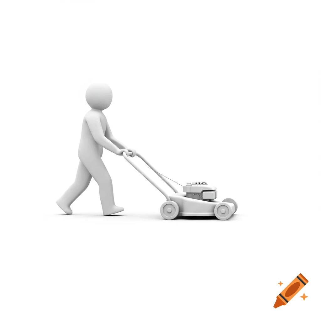 A simple white 3D figure pushes a lawnmower.