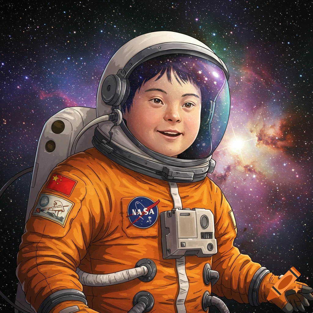 A child wearing an orange astronaut suit poses in space with stars and nebulae in the background.
