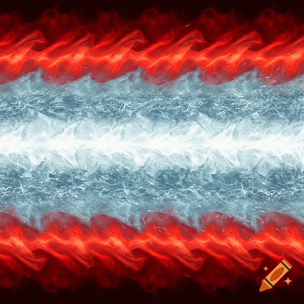 Horizontal bands of red fire, blue/grey ice/water texture, and a white center stripe.