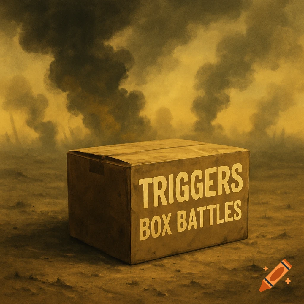 A cardboard box with the text 'TRIGGERS BOX BATTLES' on it sits in a smoky, barren wasteland.