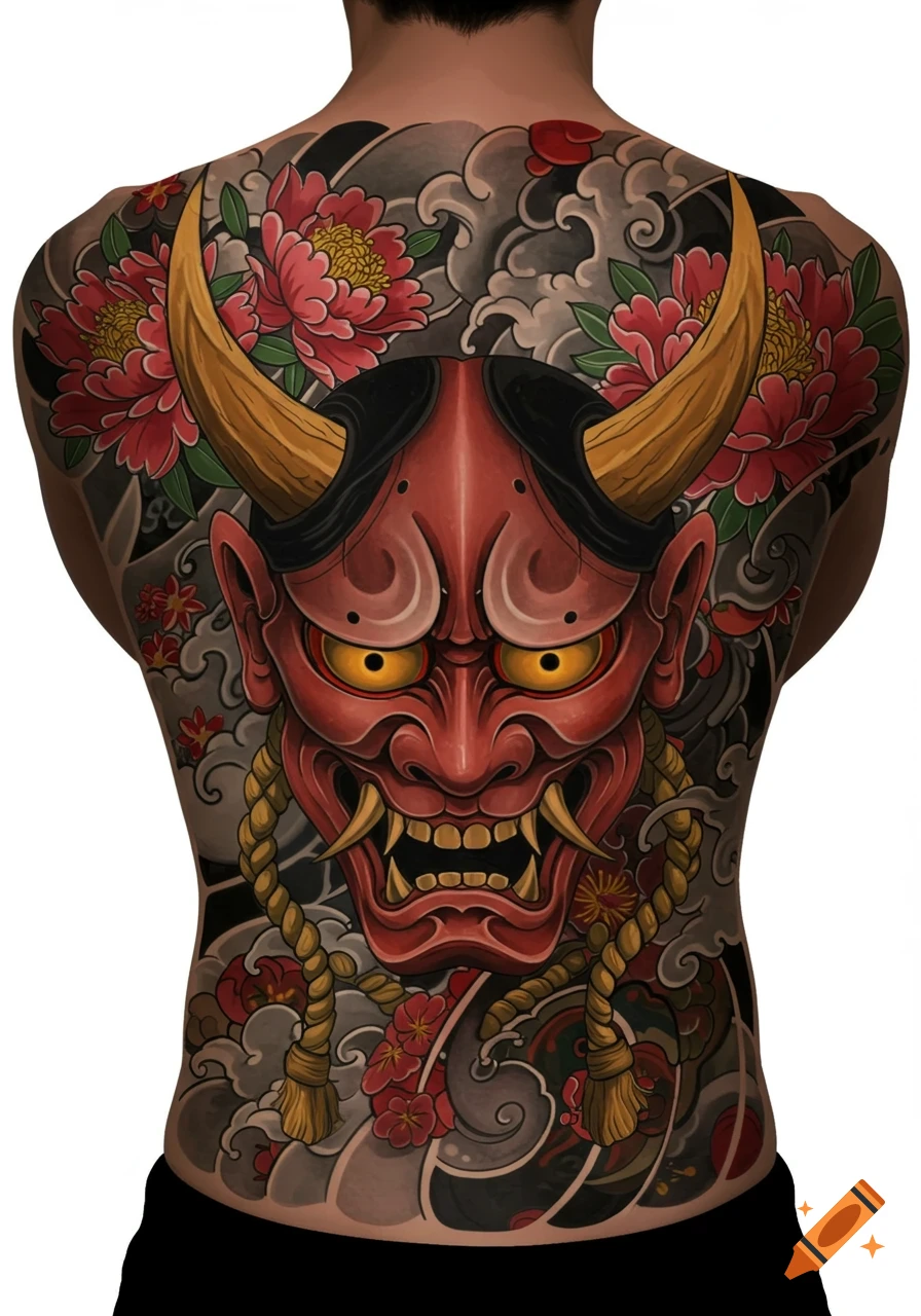 Traditional Japanese back tattoo featuring a red Hannya mask with golden horns, pink flowers, and grey waves.