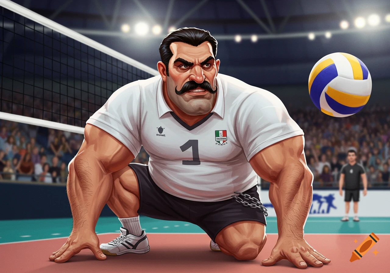 Stylized muscular male volleyball player with a mustache crouches on the court during a match.