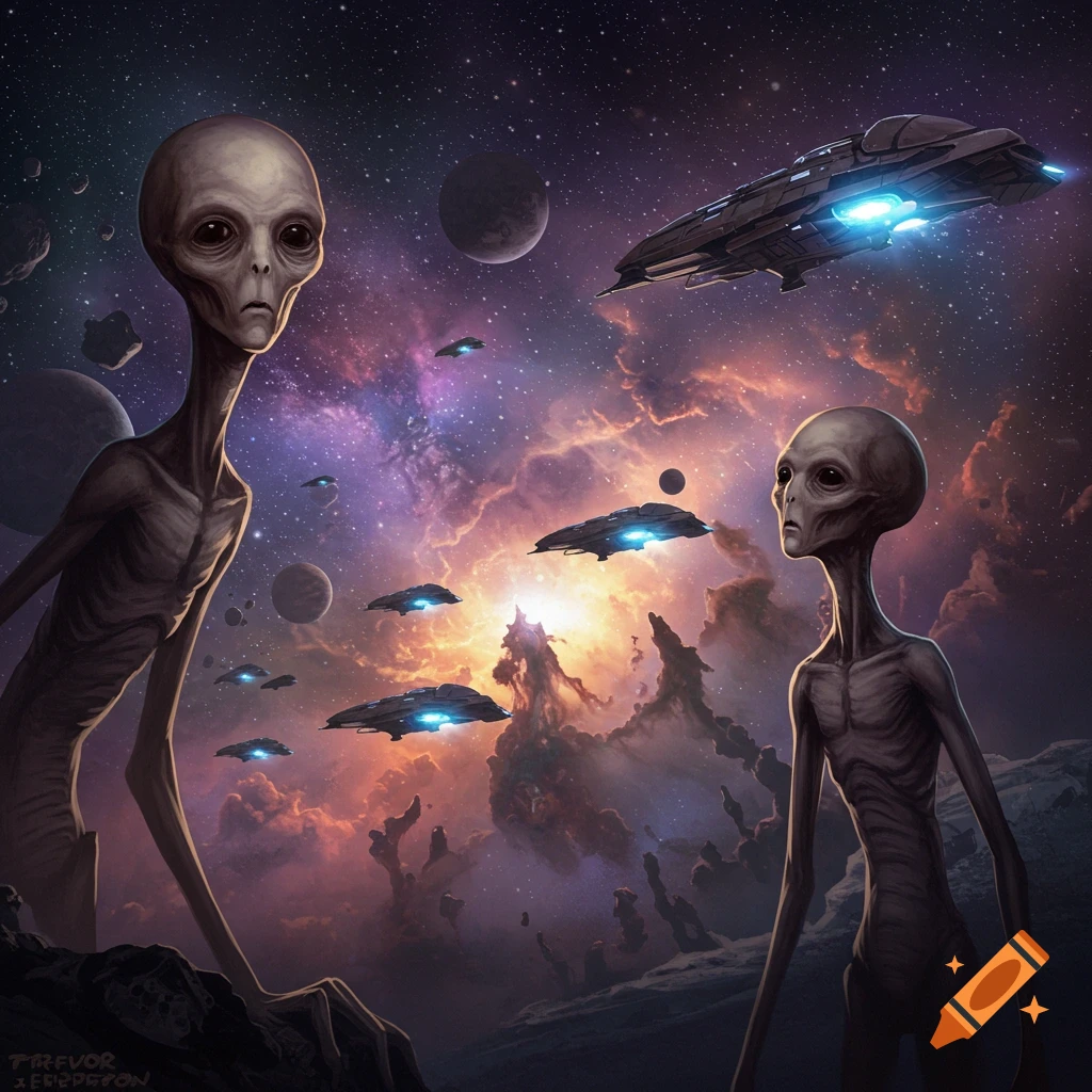 Two aliens stand on a surface watching spaceships fly through a vibrant nebula in space.