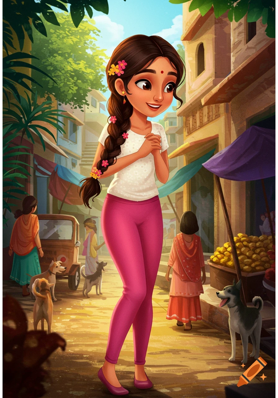 Illustration of a girl in pink leggings standing in an Indian street scene with people and dogs.
