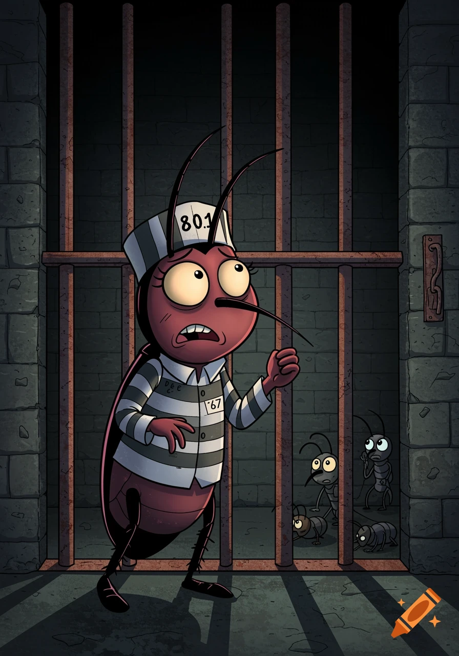 Cartoon drawing of a scared female cockroach in a prisoner uniform inside a jail cell.
