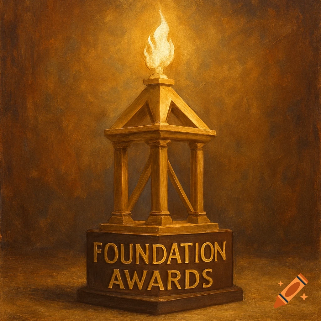 Golden award trophy with flame on top and 'FOUNDATION AWARDS' text on the base, painted style.