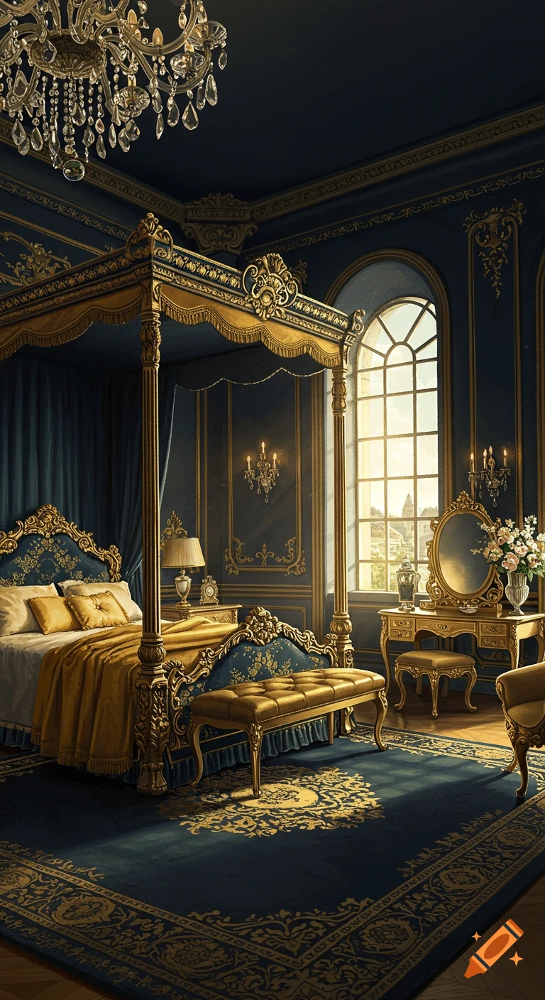 Luxurious dark blue and gold royal bedroom interior