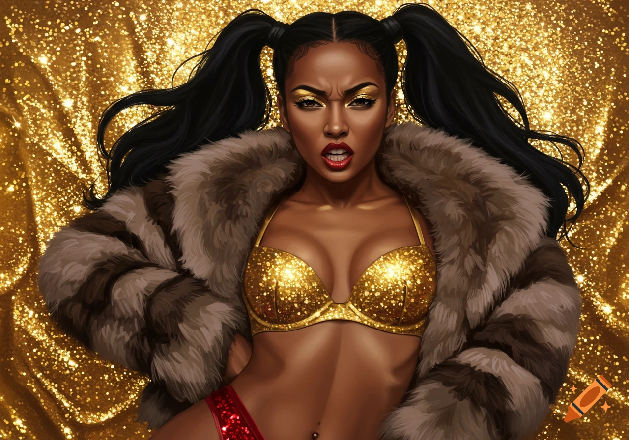 Woman with pigtails, sparkly gold bra, fur coat, angry expression, against a gold background.