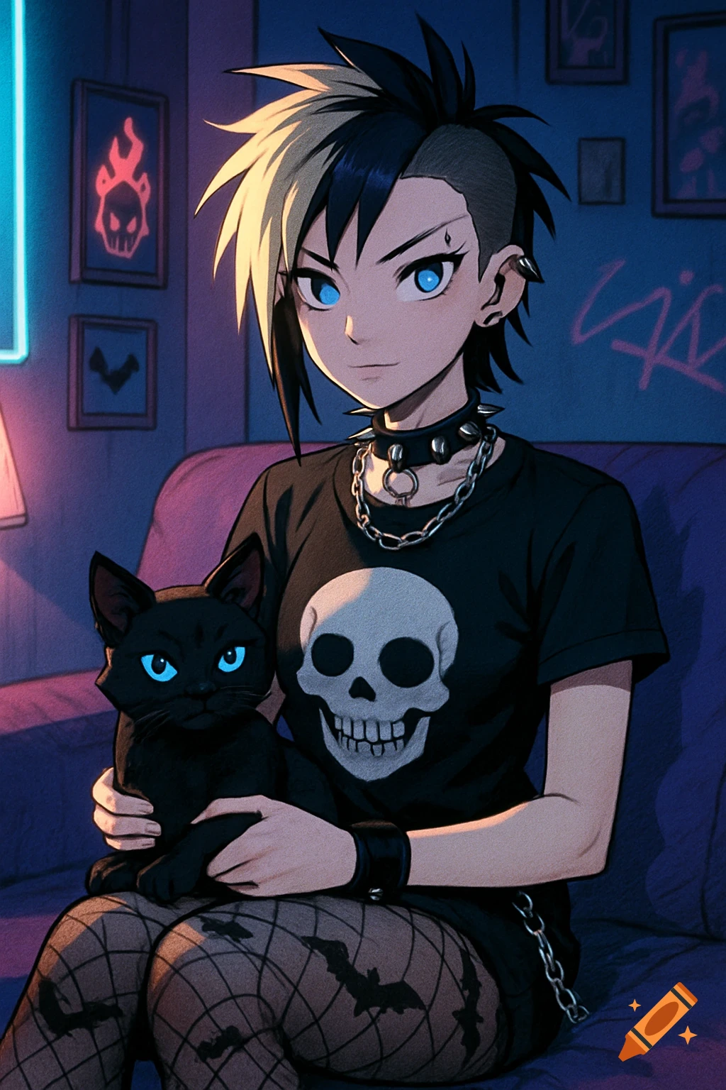 Anime illustration of a punk woman with blue eyes, skull shirt, and spiked choker, holding a black cat. She wears fishnet stockings with a bat pattern in a room with neon lights.