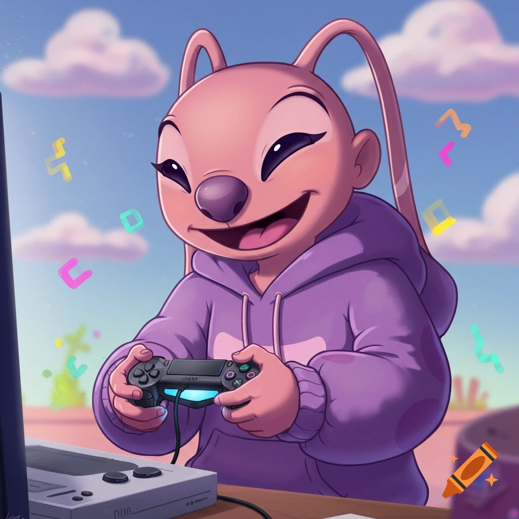 Angel from Lilo & Stitch plays video games with a controller.
