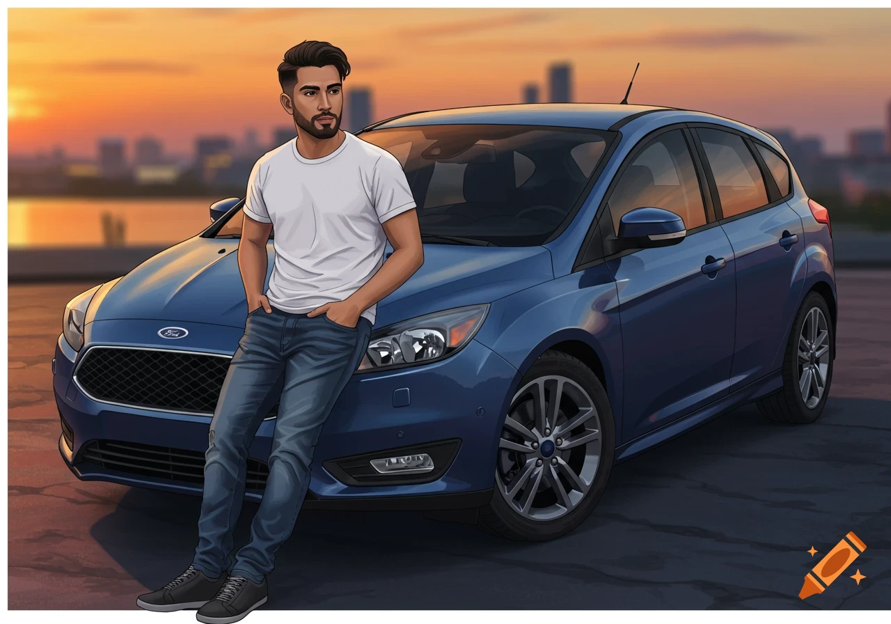 Illustrated man leaning on a blue Ford Focus at sunset with a city skyline.