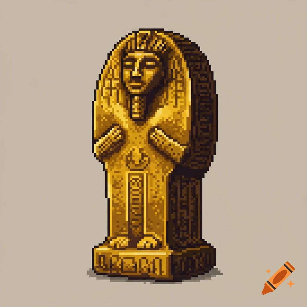 Golden pixel art statue resembling an ancient idol.