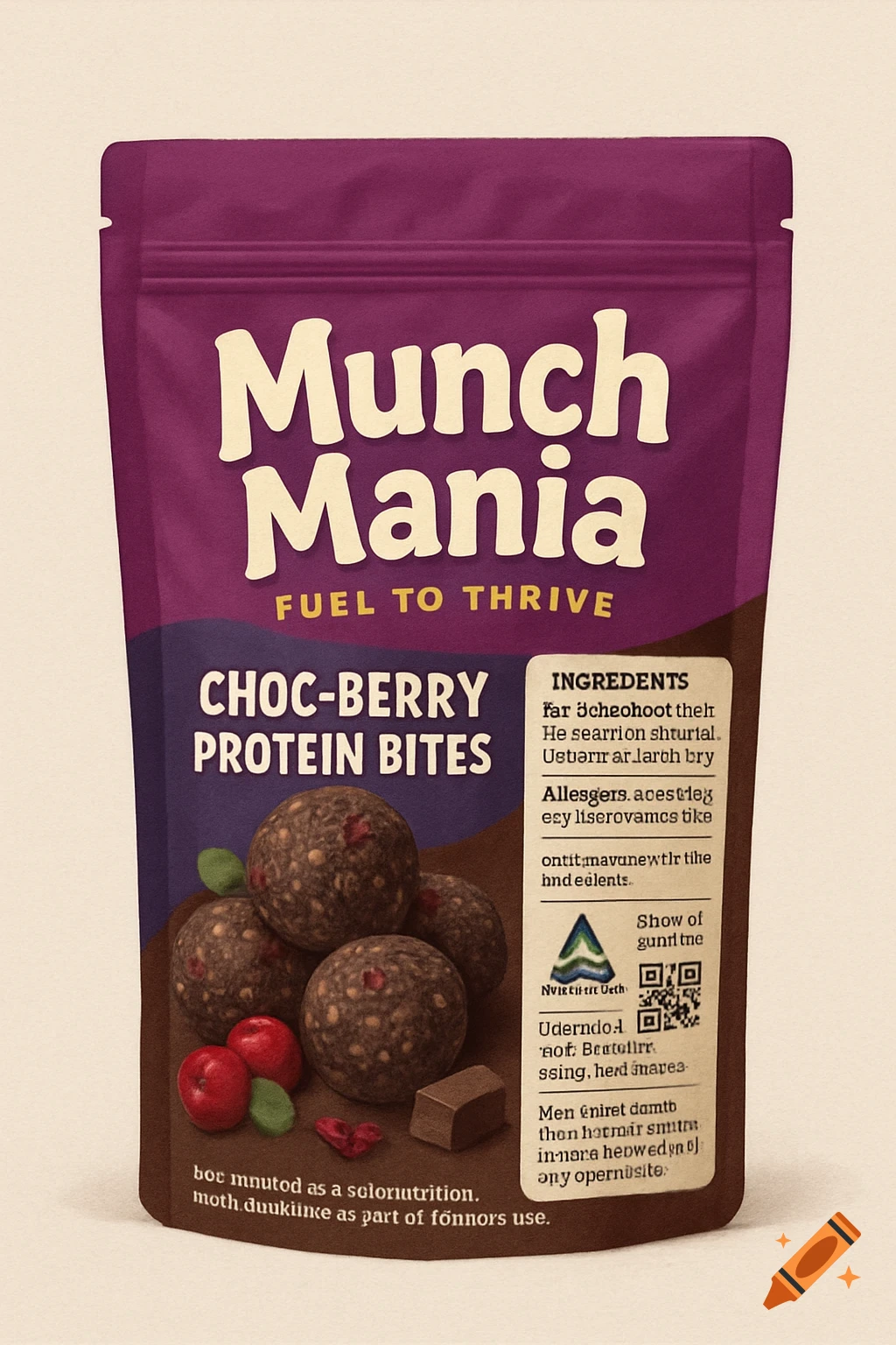 A stand-up pouch of Munch Mania Choc-Berry Protein Bites next to protein bites and chocolate.