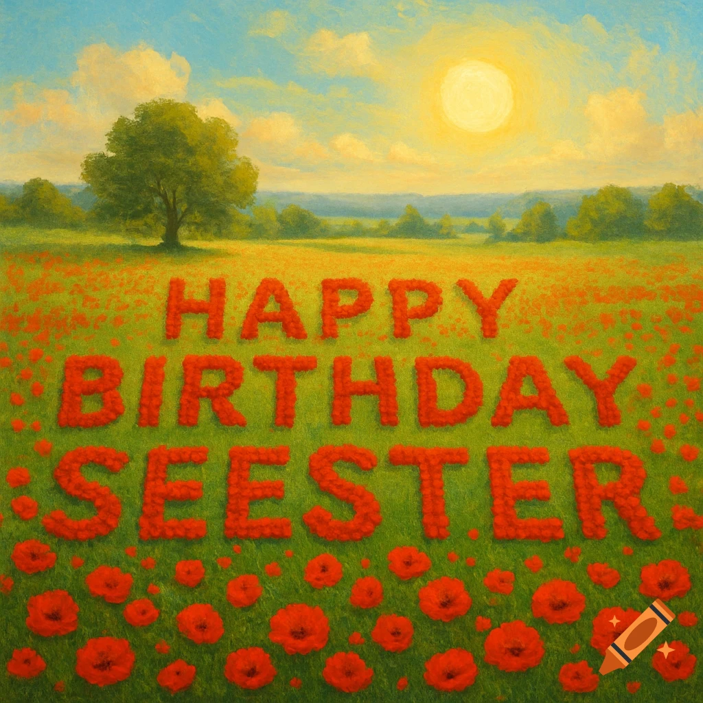 A painted landscape with a sunny sky over a field of red poppies spelling out HAPPY BIRTHDAY SEESTER.