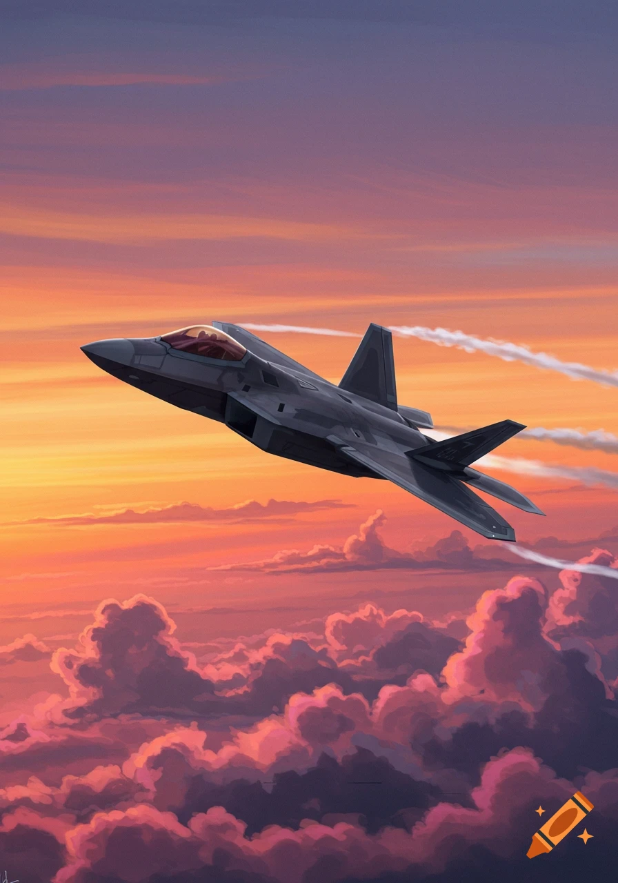 A warplane flies through a vibrant orange and purple sunset sky with clouds, digital art