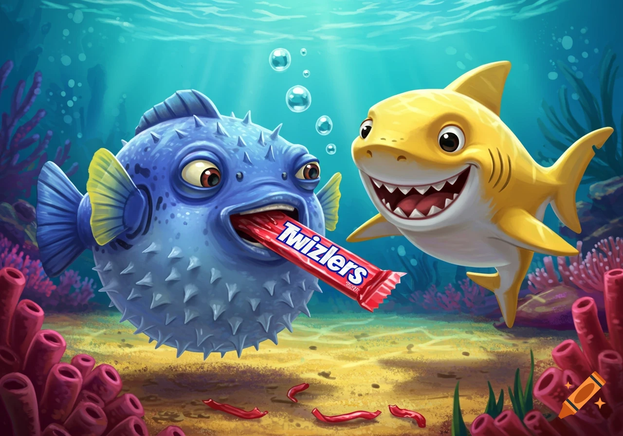 A blue pufferfish eats a Twizzlers candy bar next to a yellow shark underwater. Cartoon style.