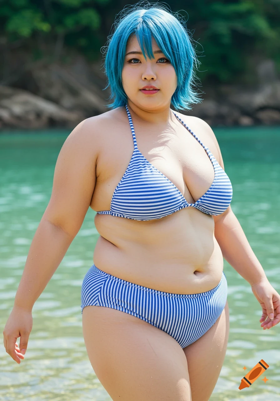 A woman with blue hair in a blue and white striped bikini stands at the water's edge. Photorealistic style.