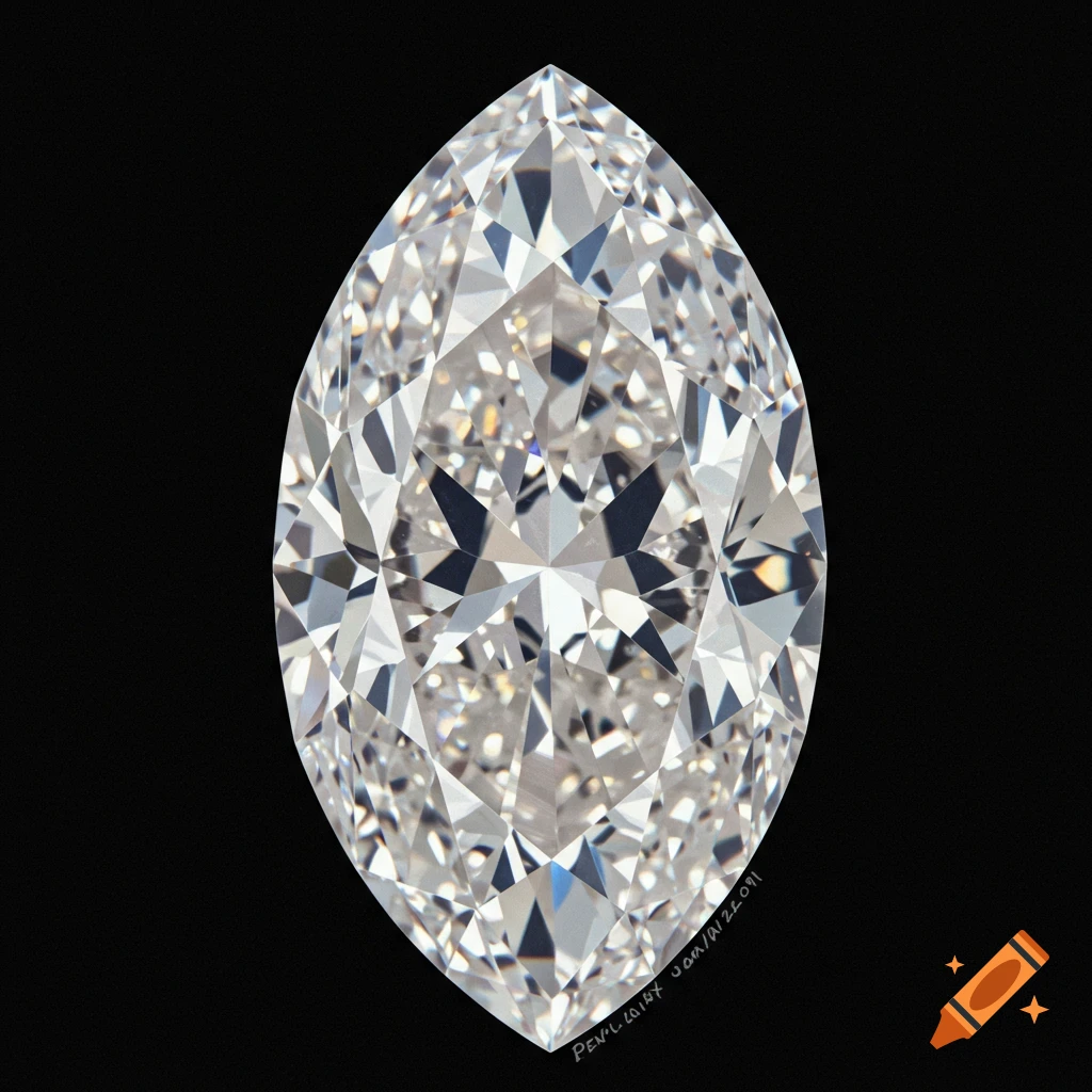 A close-up of a brilliant marquise-cut diamond against a black background.