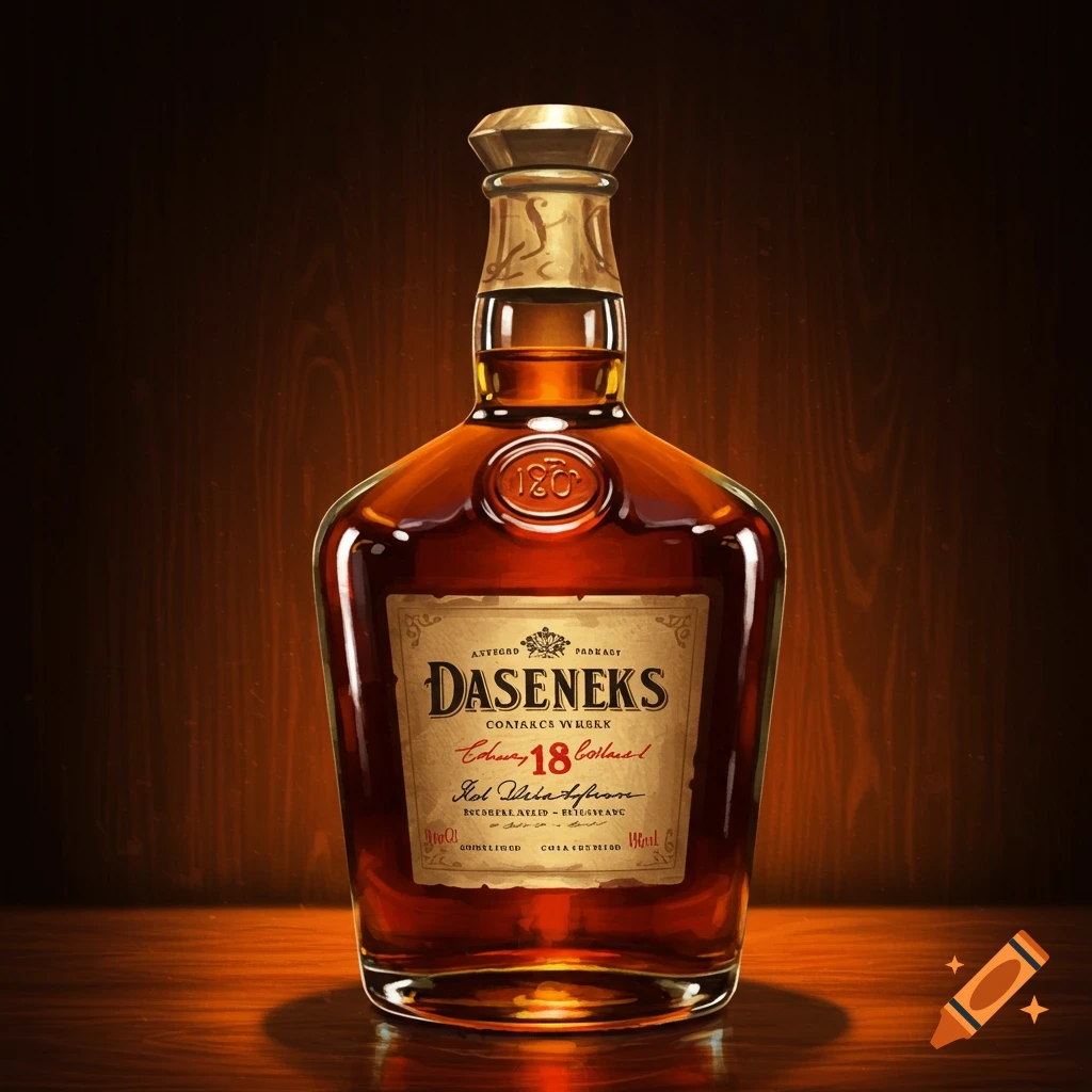 A close-up shot of a bottle of amber liquor with a detailed label on a wooden table.