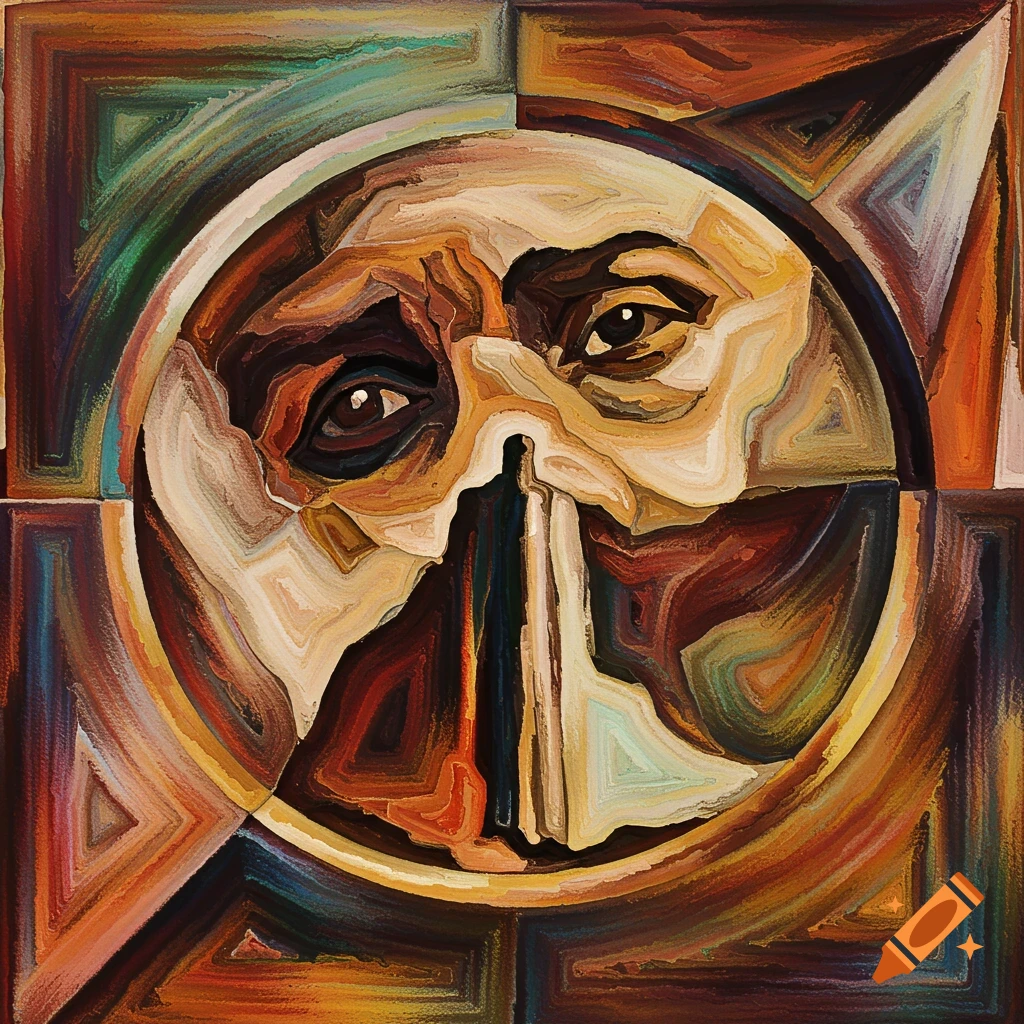 Abstract painting with fragmented faces and geometric shapes in warm and cool tones