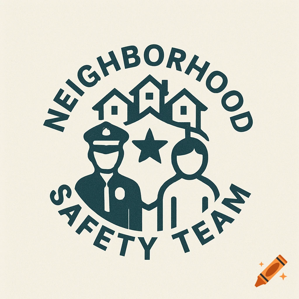 Neighborhood safety team logo with figures, houses, and star