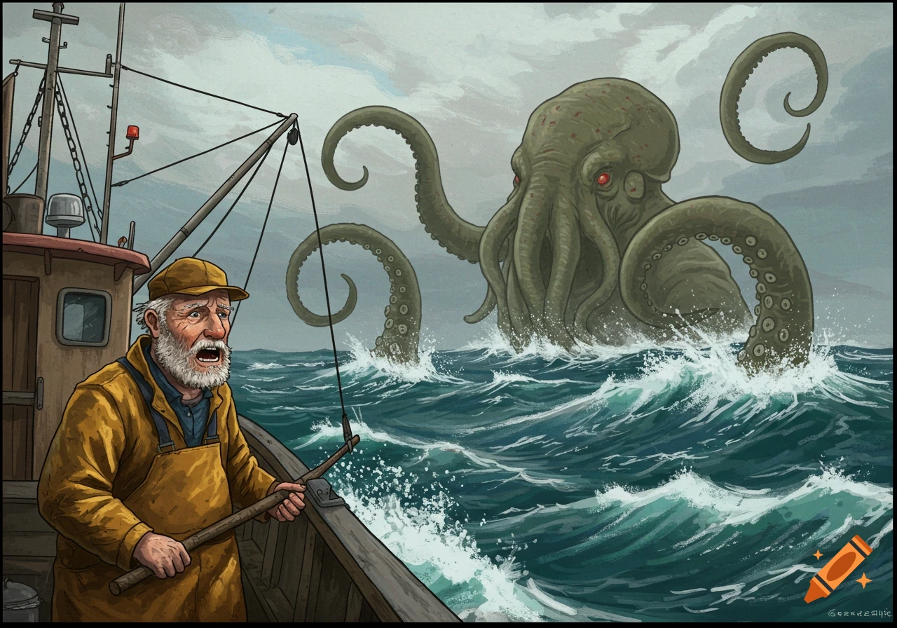 Illustration of a scared fisherman encountering a giant octopus creature at sea.
