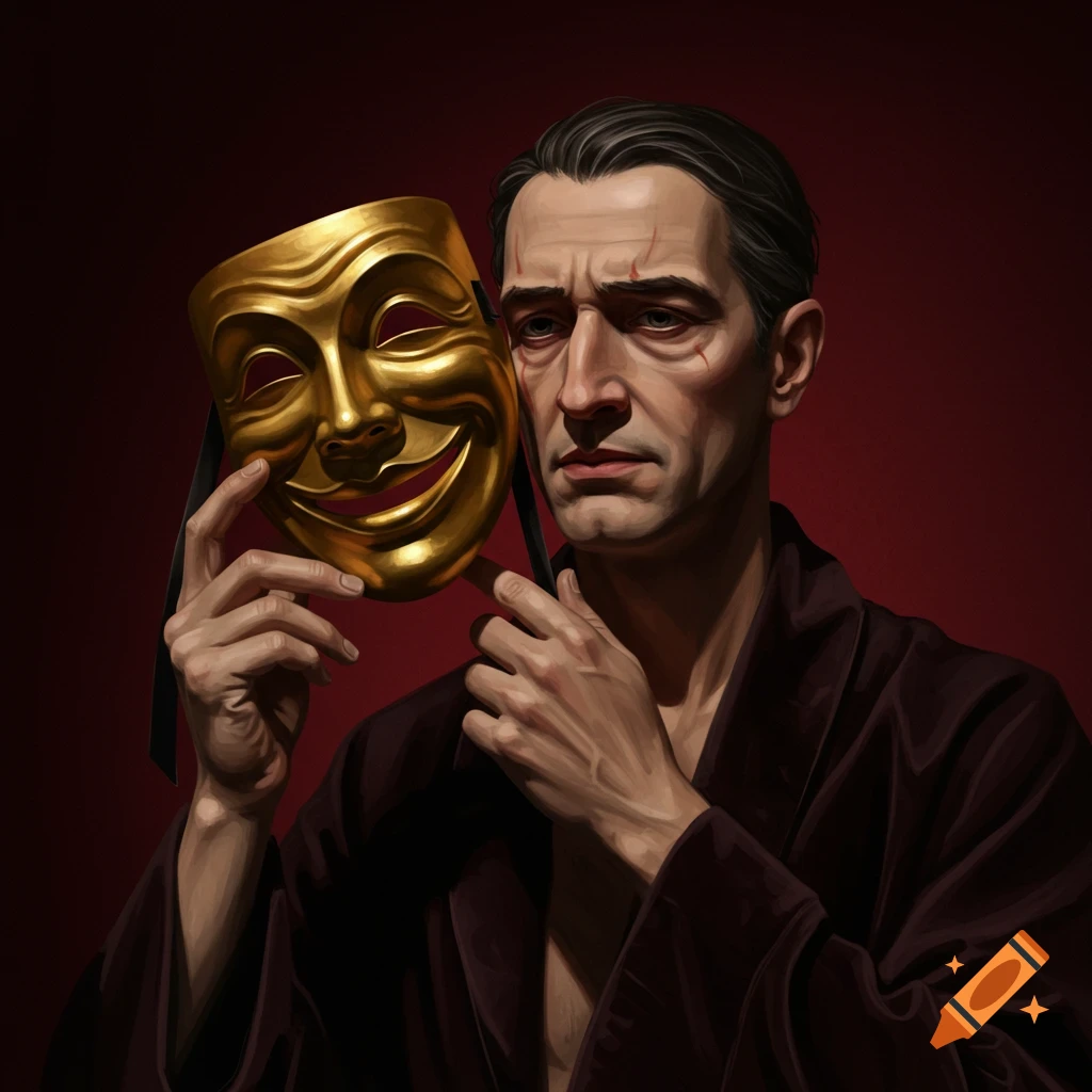 A man in a robe holds a golden theatre mask to his face in a dramatic art style.