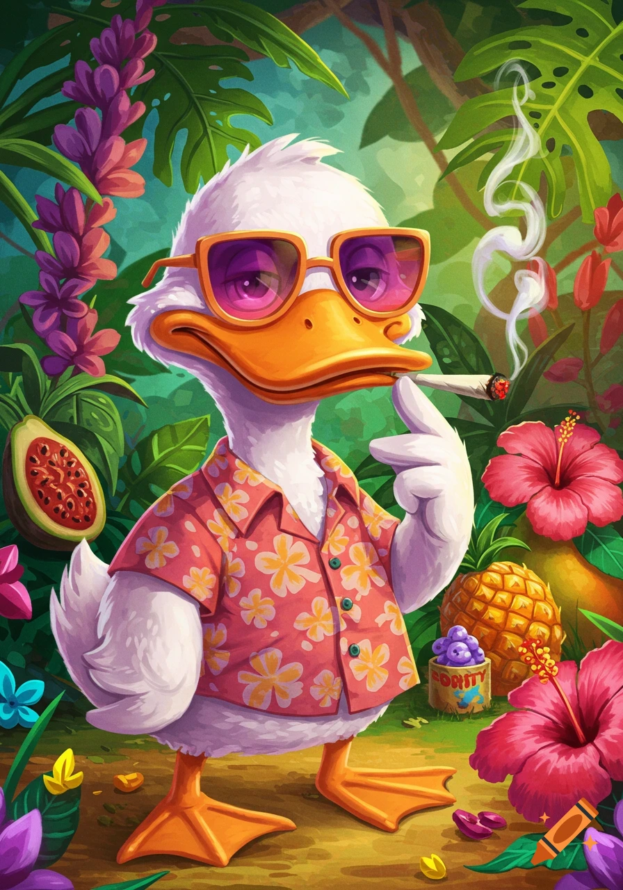 Cartoon duck in sunglasses and Hawaiian shirt smoking in a tropical setting.