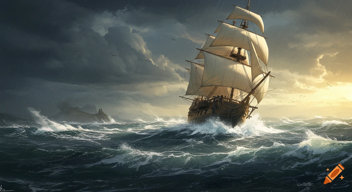 A large sailing ship battles stormy seas under dramatic, rainy skies with sunlight breaking through.