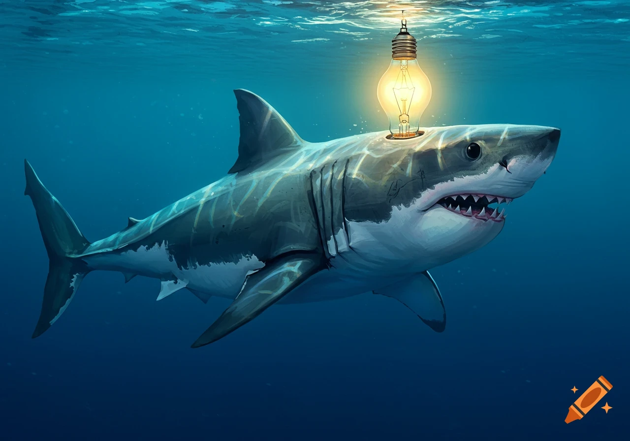 A great white shark swims underwater with a lit lightbulb on its head.