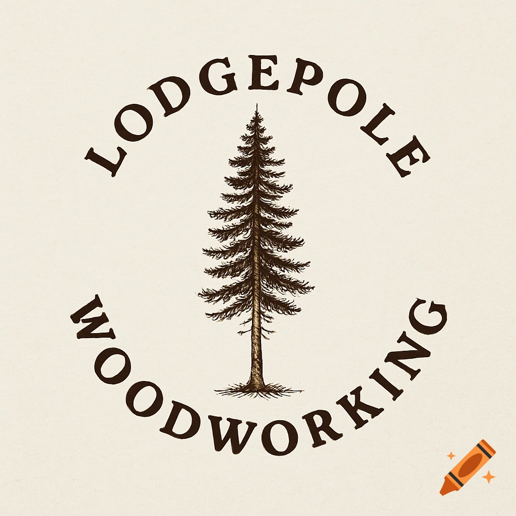 Lodgepole Woodworking logo featuring an illustration of a lodgepole pine tree encircled by the text LODGEPOLE WOODWORKING.