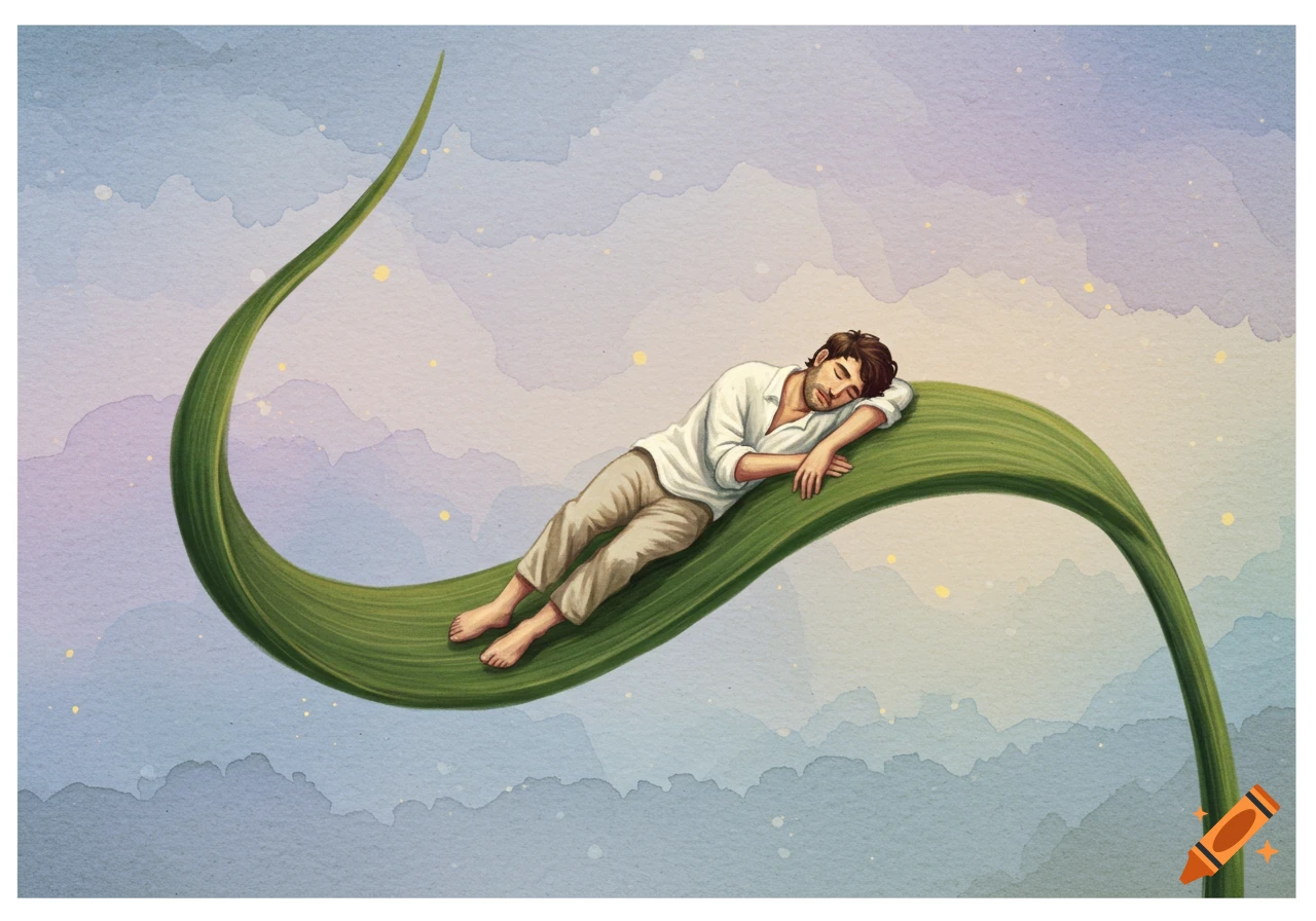 An illustration of a man sleeping peacefully on a large green leaf floating in a sky with watercolor clouds and glowing sparks.