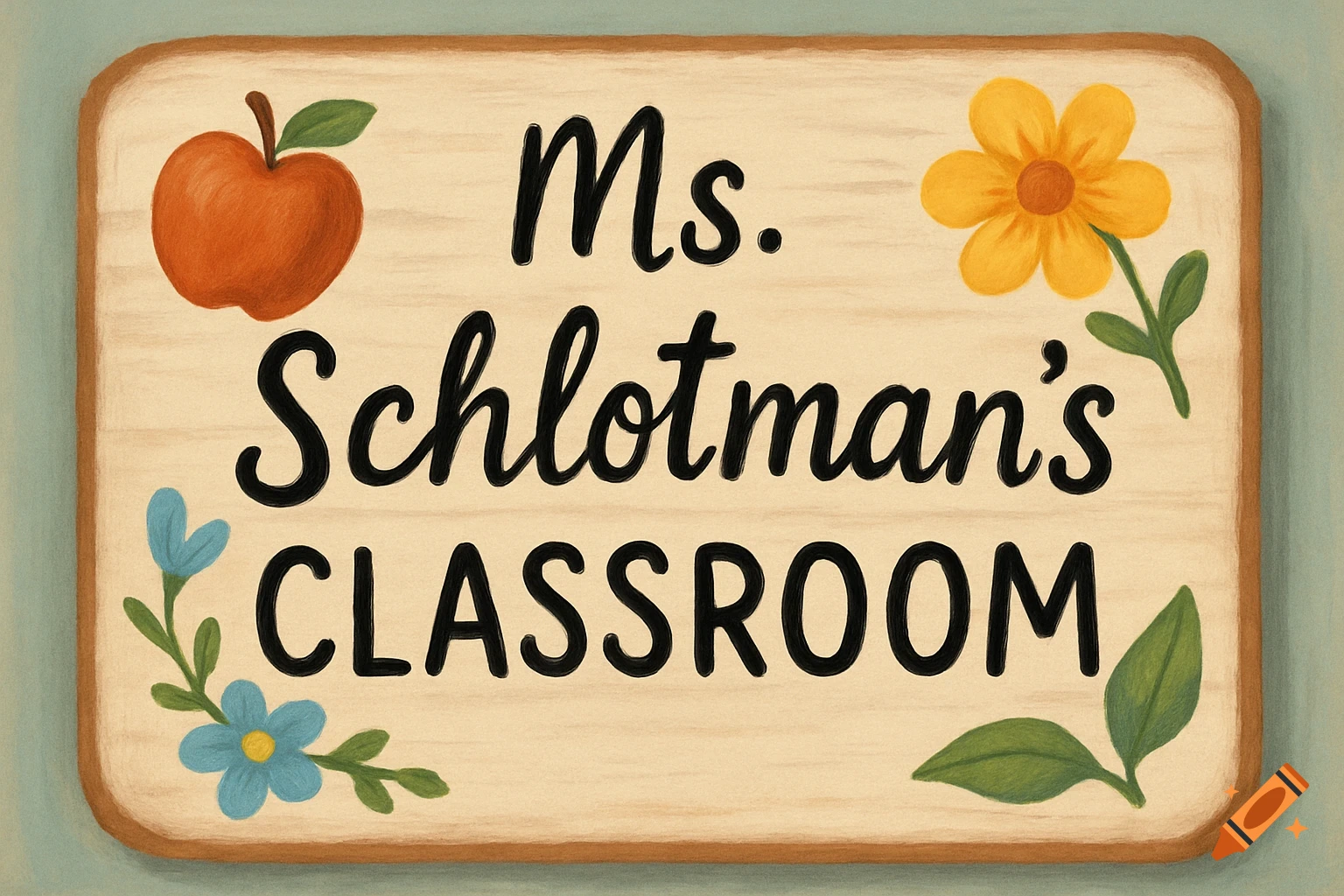 A wooden sign with Ms. Schlotman's Classroom text, an apple, and flowers in an illustration style.