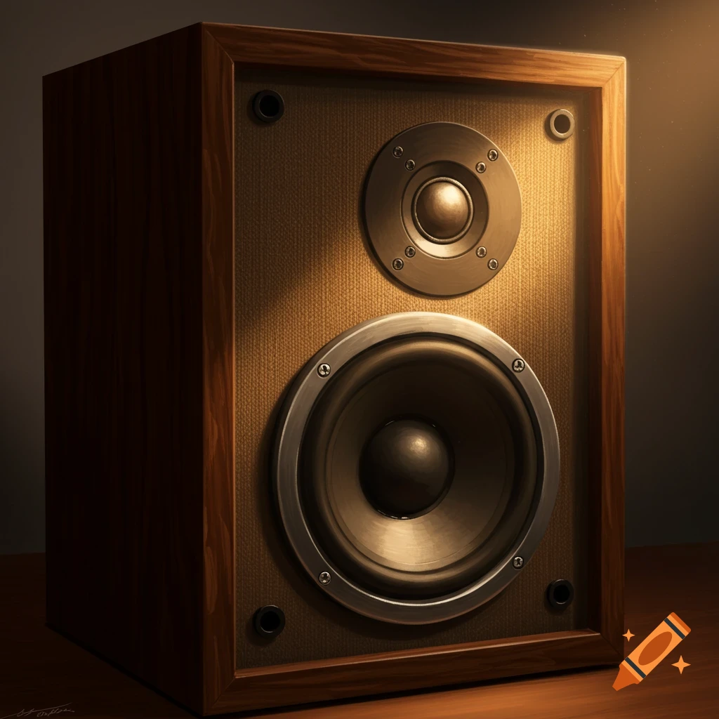 Close-up of a wooden audio speaker.