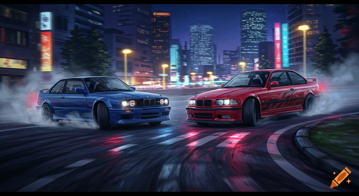 Two BMW M3 cars drift side-by-side on a wet city street at night in an illustrated style.
