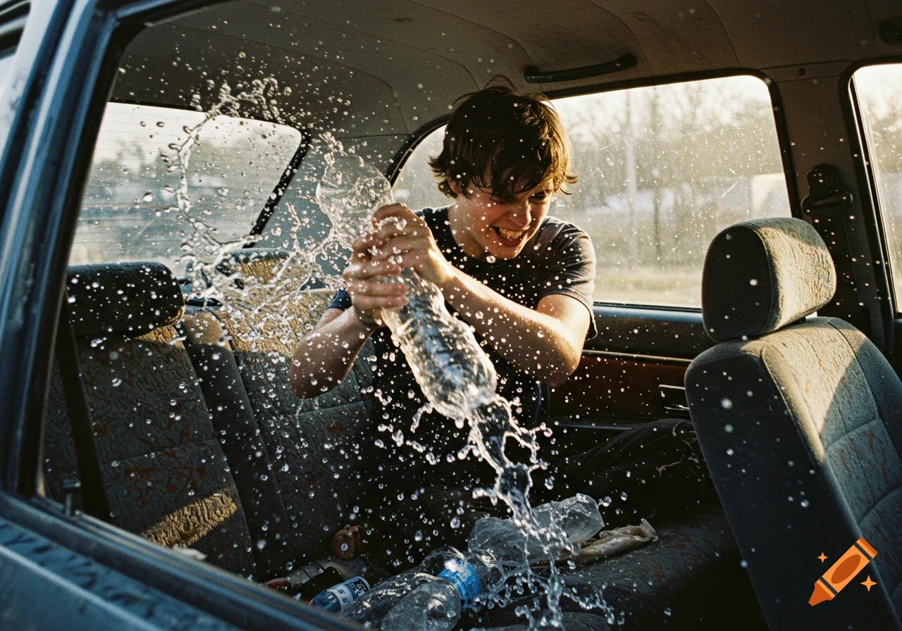 A person splashes water from a bottle in the backseat of a car, creating a mess.