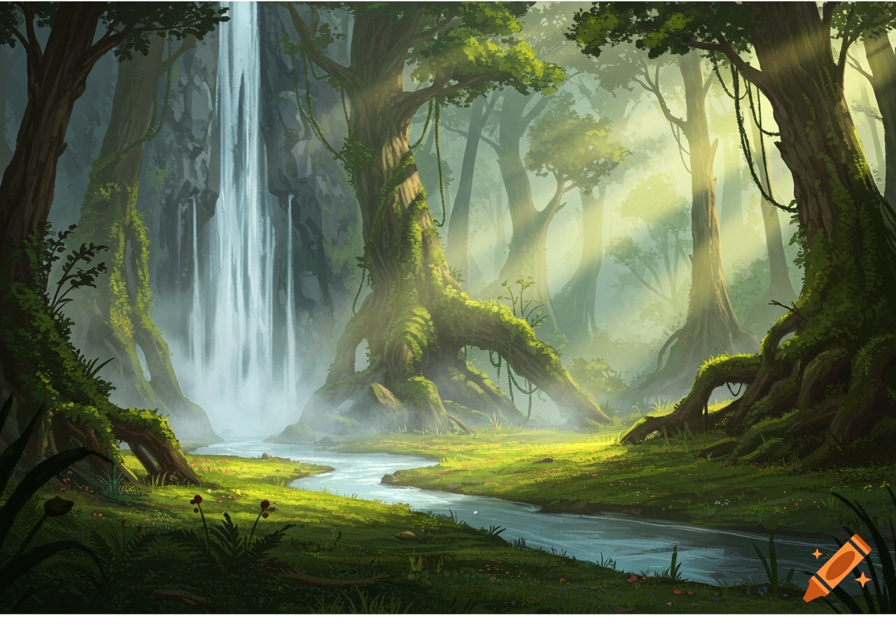 A lush forest landscape with a large waterfall, a river, and sunlight filtering through the trees.