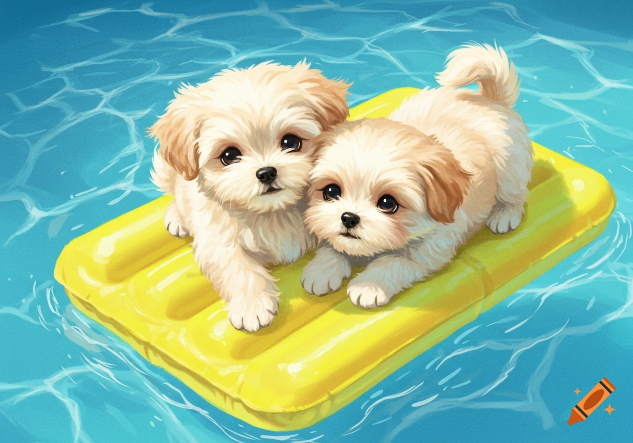 Two puppies on a yellow raft in a pool, illustration