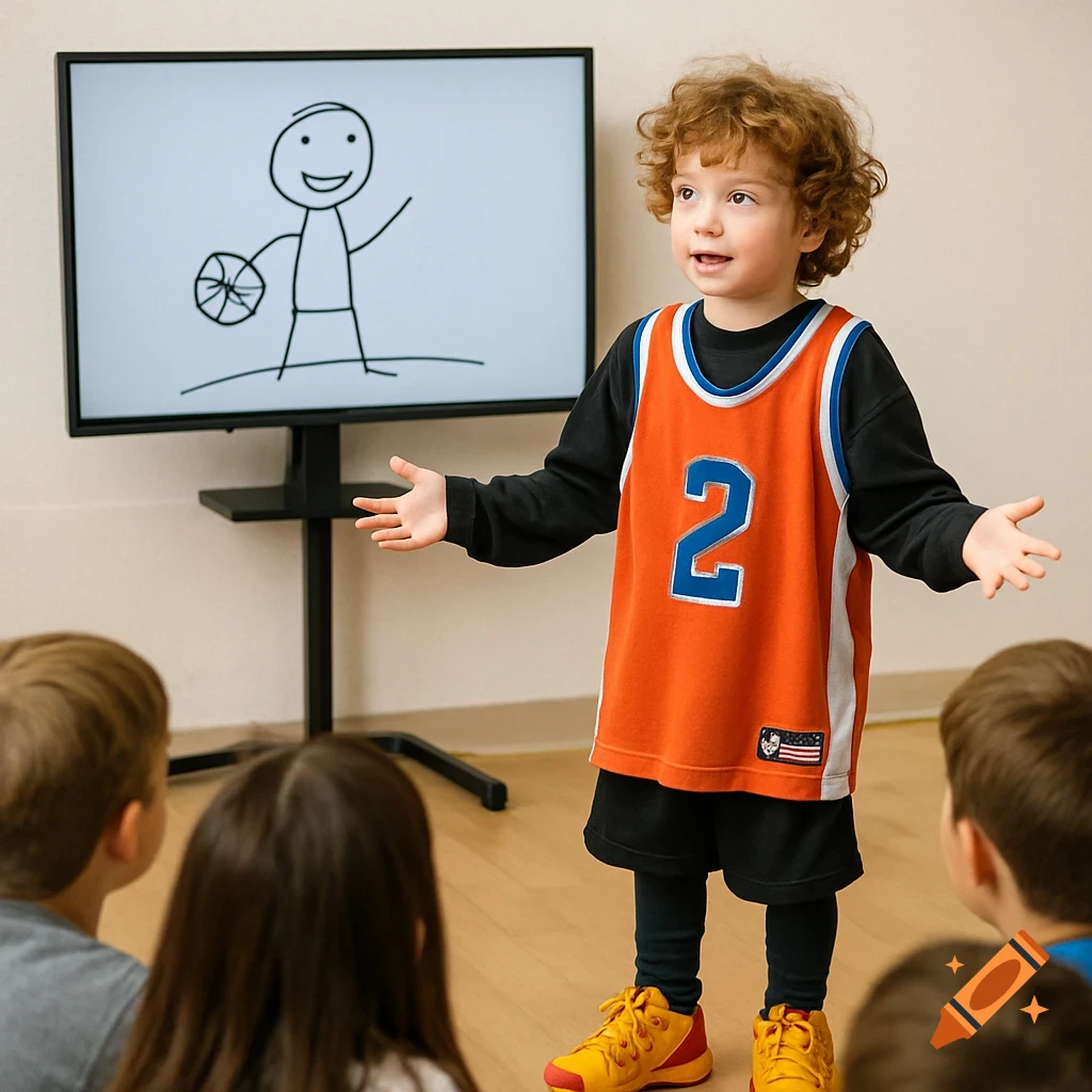 A boy in a basketball jersey gives a presentation to children in a room, with a stick figure drawing on a screen behind him.