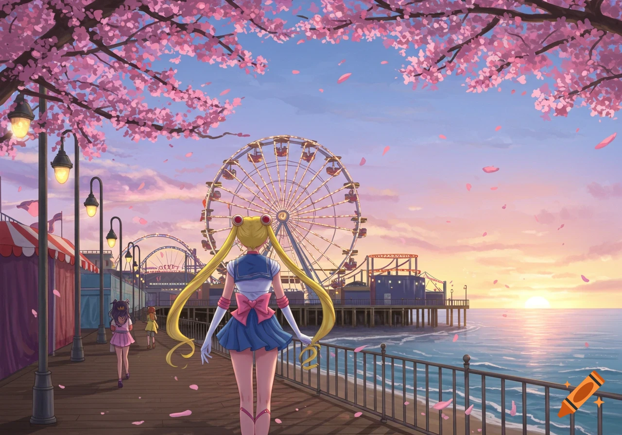 Anime character on a boardwalk with a Ferris wheel, cherry blossoms, and sunset.